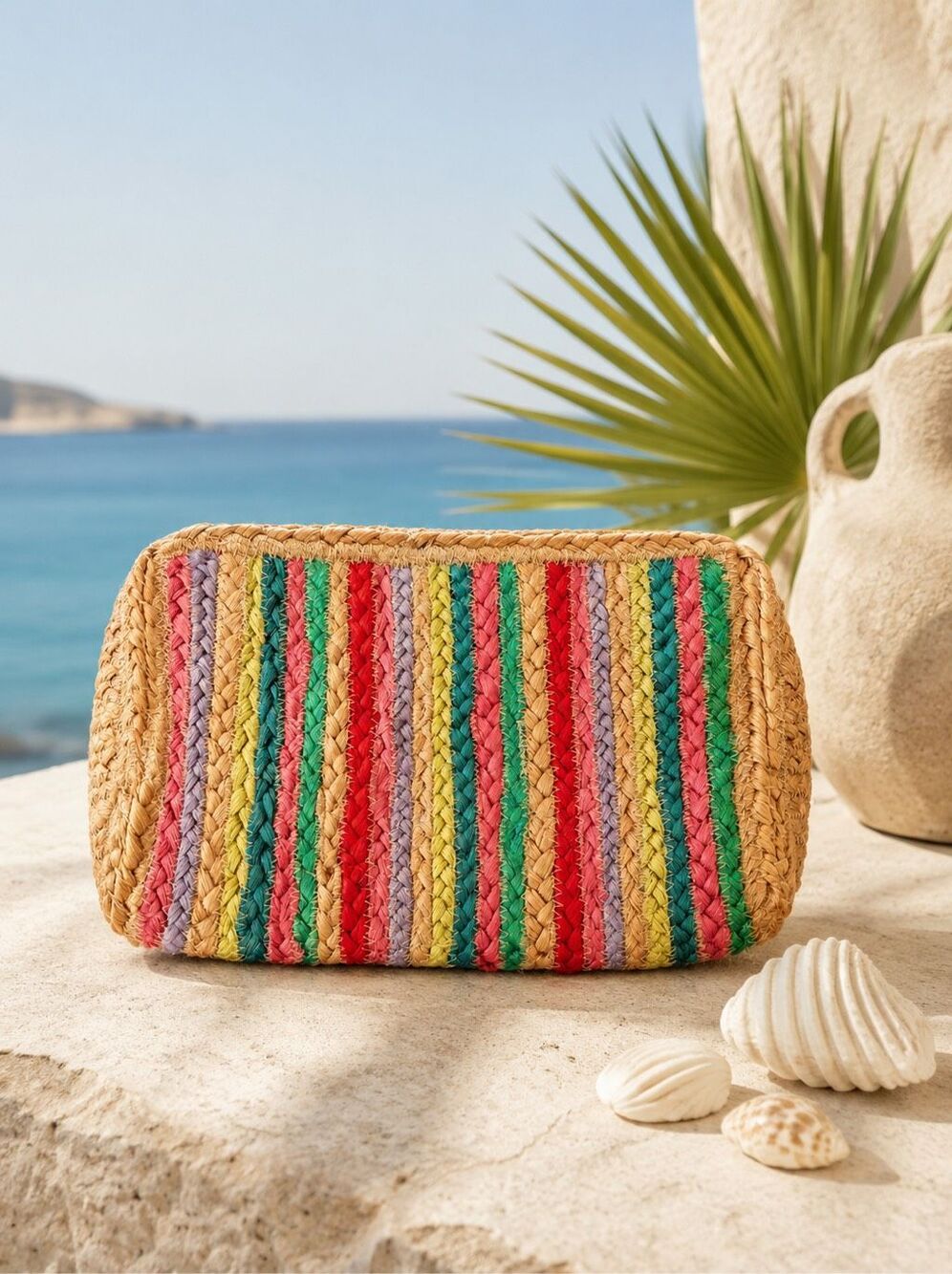 Shiraleah Melia Clutch in Multicolor Jute featuring a striped pattern, coastal b